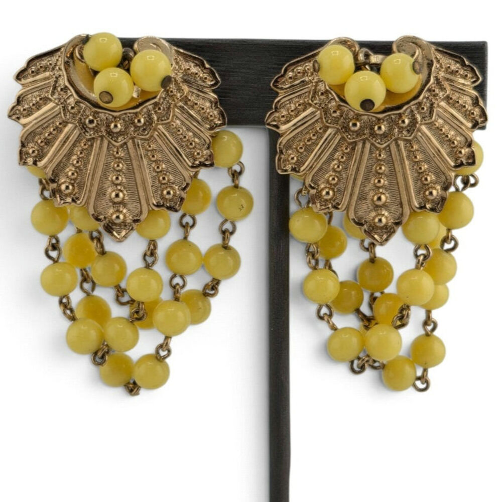HTF Vintage Napier 1950s Yellow Bead Dangle Clip Earrings PAT PEND